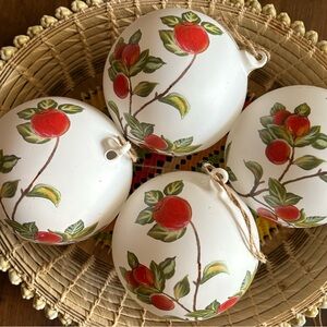 Set 4 Artisan Handblown Glass Ornaments Frosted Peach Peaches 5" Cottage Core